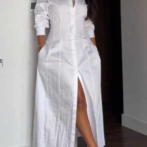 Unadoll Women's Elegant White Shirt Collar Waistband Dress