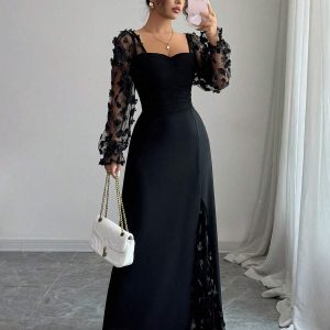 LilyHouse Women's Autumn Elegant Long Mesh Decal Dress