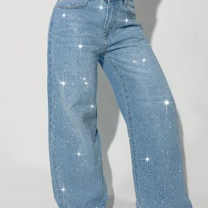 Low Waist Wide Leg Blue Ripped Rhinestone Jeans